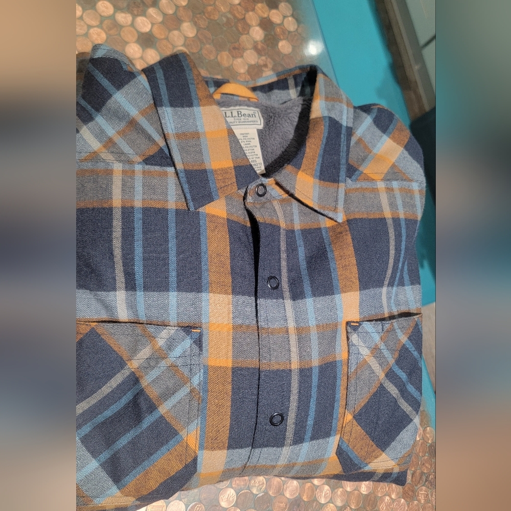 L.L. Bean Men's Blue and Orange Plaid Shirt Katahdin Performance Flannel